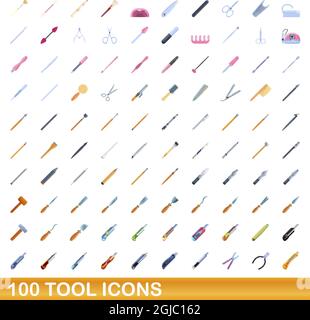 100 Werkzeugsymbole gesetzt. Cartoon Illustration von 100 Tool Icons Vektor-Set isoliert auf weißem Hintergrund Stock Vektor