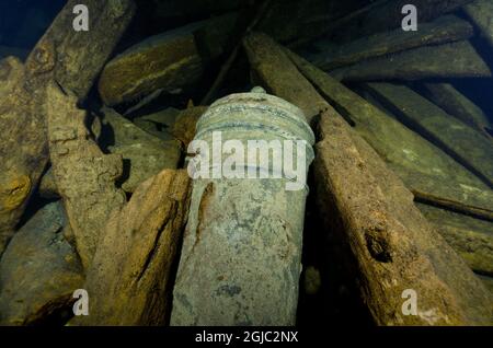 Ein im August 2011 datiertes Bild zeigt eine bronzene Marinekanone mit dem Wappen der Royal Vasa-Dynastie an Bord des vermutlich schwedischen Kriegsschiffs Mars, das während der Schlacht im August 1564, während des siebenjährigen Nordischen Krieges, vor der schwedischen Insel Oeland scheiterte. Taucher der schwedischen Firma Ocean Recycling, die Anfang des Sommers zwei mittelalterliche Schiffe in der Nähe der baltischen Karlsoe-Inseln gefunden hat, gaben am Freitag, den 19. August 2011 bekannt, dass in der Ostsee, in einer Tiefe von 75 Metern nördlich von Oeland, ein weiteres Schiffswrack gefunden wurde. Das 1,800 Tonnen schwere Marineschiff Mars, mit 173 Marinegewehren und einem Stockfoto