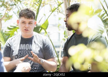 John Lundvik aus Schweden und Michael Ris aus England nehmen am Eurovision Song Contest 2019 in Tel Aviv, Israel, und am 14. Mai 2019 Teil. John Lundvik ist der Komponist von Michael Ris Song 'Bigger than US'. Foto Henrik Montgomery / TT kod 10060 Stockfoto
