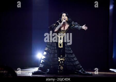 Jonida Maliqi aus Albanien tritt bei der Probe vor dem Halbfinale 2 beim Eurovision Song Contest 2019 in Tel Aviv, Israel, 15. Mai 2019 auf Foto: Henrik Montgomery / TT kod 10066 Stockfoto