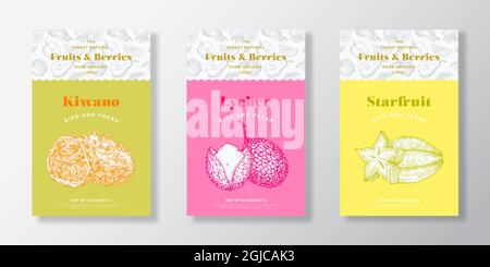 Früchte und Beeren Muster Label Vorlagen Set. Vector Packaging Design Layout Collection. Modernes Typografie-Banner mit handgezeichneten Kiwano, Lychee und Stock Vektor