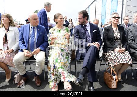 Thomas Carlzon, Bürgermeister von Kalmar, Kronprinzessin Victoria und Prinz Felix von Luxemburg nehmen an der Einweihung der neuen Wasseranlage in Morbylanga, Oland, Schweden Teil 12. Juli 2019 foto: Mikael Fritzon / TT / kod 62360 Stockfoto