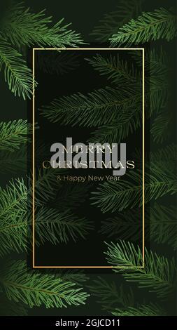 Weihnachten abstrakte Vektor vertikale Grußkarte, Poster oder Geschichten Vorlage. Fichte oder Kiefer Äste Hintergrund mit Golden Glitter Typografie Stock Vektor
