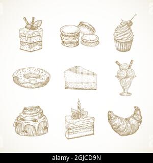 Dessert Süßigkeiten Handgezeichneter Doodle Vektor Illustrationen Set. Kuchen, Donut, Eiscreme, Macarons und Croissant-Buns Konditorei Skizzen Stil Zeichnungen Stock Vektor