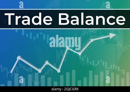 Finanzperiode Handelsbilanz auf blauem und grünem Finanzhintergrund aus Grafiken, Diagrammen, Spalten, Kerzen, Balken, Zahlen. Trend nach oben und unten, flach. 3D-il Stockfoto