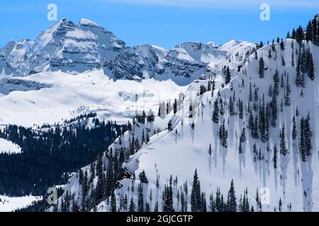 Blick von der Spitze des Elk Camp Lift im Skigebiet Aspen Snowmass im Winter. Stockfoto