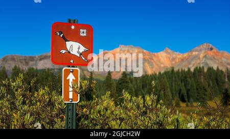 Wegweiser auf dem Galopp-Goose-Trail, Uncompahgre National Forest, Colorado, USA. Stockfoto