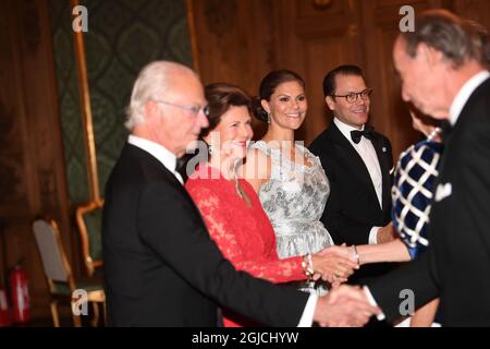 STOCKHOLM 20190920 König Carl Gustaf, Königin Silvia, Kronprinzessin Victoria und Prinz Daniel bei der Empfangslinie beim Schwedenessen 2019 im Stockholmer Schloss.Foto Fredrik Sandberg / TT kod 10080 Stockfoto