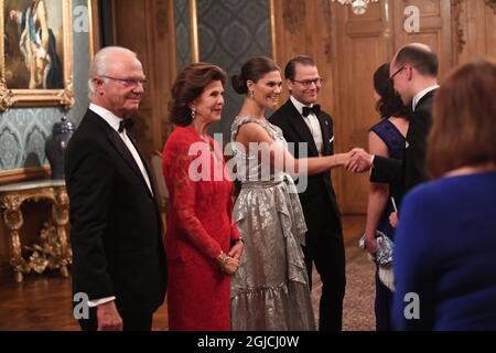 STOCKHOLM 20190920 König Carl Gustaf, Königin Silvia, Kronprinzessin Victoria und Prinz Daniel bei der Empfangslinie beim Schwedenessen 2019 im Stockholmer Schloss.Foto Fredrik Sandberg / TT kod 10080 Stockfoto