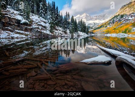 Bei den kastanienbraunen Glocken in der Nähe von Aspen in den Colorado Rocky Mountains wird der Herbst zum Winter Stockfoto