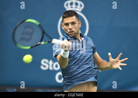 Filip Krajinovic (SRB) beim Einzel-Halbfinale der Männer beim ATP Stockholm Open Tennisturnier in der Royal Tennis Hall in Stockholm, Schweden, Oktober 19 2018, Foto: Claudio Bresciani / TT Code 10090 Stockfoto