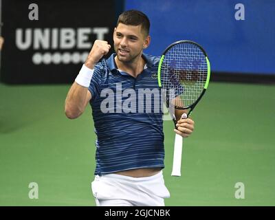 Filip Krajinovic (SRB) gewinnt das Einzel-Halbfinale der Männer beim ATP Stockholm Open Tennisturnier in der Royal Tennis Hall in Stockholm, Schweden, Oktober 19 2018, Foto: Claudio Bresciani / TT Code 10090 Stockfoto