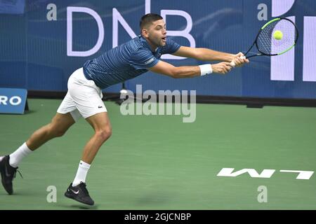 Filip Krajinovic (SRB) beim Einzel-Halbfinale der Männer beim ATP Stockholm Open Tennisturnier in der Royal Tennis Hall in Stockholm, Schweden, Oktober 19 2018, Foto: Claudio Bresciani / TT Code 10090 Stockfoto