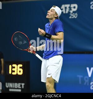 Denis Shapovalov (CAN) beim Einzel-Halbfinale der Männer beim ATP Stockholm Open Tennisturnier in der Royal Tennis Hall in Stockholm, Schweden, Oktober 19 2019. Foto: Claudio Bresciani / TT Code 10090 Stockfoto