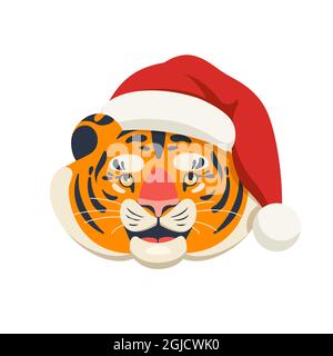 Niedlicher Tiger in einem Weihnachtsmannhut Stock Vektor