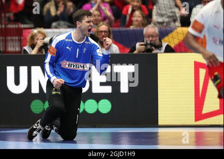 Dänemarks Torwart Niklas Landin Jacobsen während der Männer-Handball-Europameisterschaft, Vorrunde Gruppe E, Spiel zwischen Dänemark und Ungarn in der Malmo Arena, Schweden, am Montag, 13. Januar 2020. Foto Andreas Hillergren / TT-Code 10600 Stockfoto