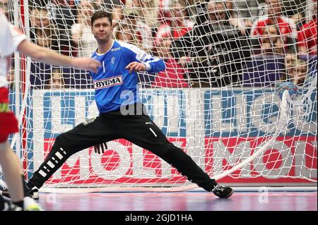 Dänemarks Torwart Niklas Landin Jacobsen während der Männer-Handball-Europameisterschaft, Vorrunde Gruppe E, Spiel zwischen Dänemark und Ungarn in der Malmo Arena, Schweden, am Montag, 13. Januar 2020. Foto Andreas Hillergren / TT-Code 10600 Stockfoto