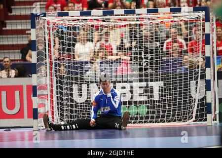 Dänemarks Torwart Niklas Landin Jacobsen während der Männer-Handball-Europameisterschaft, Vorrunde Gruppe E, Spiel zwischen Dänemark und Ungarn in der Malmo Arena, Schweden, am Montag, 13. Januar 2020. Foto Andreas Hillergren / TT-Code 10600 Stockfoto