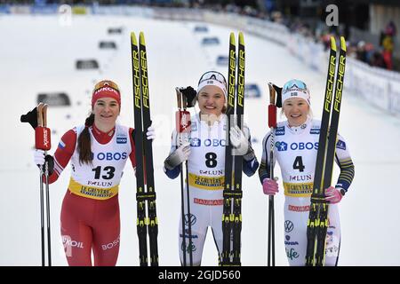 Schwedens Linn Svahn (8) erster Platz Natalia Nepryaeva aus Russland Zweiter Platz und Schwedens Jonna Sundling (4) Dritter Spurt der Platzwoman beim FIS Skilanglauf-Weltcup in Falun, Schweden, 08. Februar 2020. Foto: Henrik Montgomery / TT Stockfoto