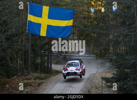 TORSBY 2019-02-13 Rallye Schweden, zweiter Wettbewerb der Rallye-Weltmeisterschaft 2020. Sebastien Ogier FRA / Julien Ingrassia FRA, Toyota Yaris WRC bei der morgendlichen Prüfung / Shakedown. Foto Micke Fransson / TT Stockfoto