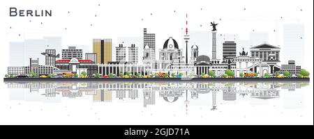 Berlin Deutschland Skyline mit grauen Gebäuden und Reflektionen isoliert auf Weiß. Vektorgrafik. Stock Vektor