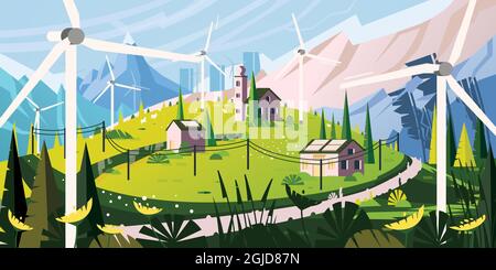 Landschaft mit Straße in den Alpen. Konzept für erneuerbare grüne Energie mit Windturbinen im Dorf und Sonnenkollektoren auf den Dächern. Vektorgrafik. Stock Vektor