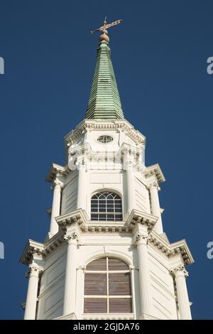 USA, Georgia, Savannah. Kirchturm der unabhängigen Presbyterianischen Kirche im historischen Viertel. Stockfoto