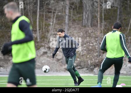 Stockholm 20200113 Mailands Spieler Zlatan Ibrahimovic war vor Ort, als das schwedische Ligenteam Hammarby IF am Montag, den 13. April 2020, bei Arsta IP in Stockholm trainingsbereit war. Foto Henrik Montgomery / TT kod 10060 *SCHWEDEN AUS* Stockfoto