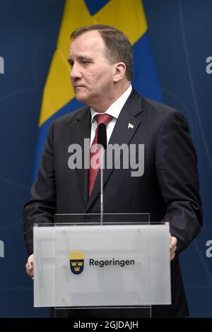 Der schwedische Premierminister Stefan Lofven spricht während einer Pressekonferenz über die Situation der Coronavirus-Krankheit (COVID-19) am 16. April 2020 in Stockholm, Schweden. Foto: Ali Lorestani / TT kod 11950 Stockfoto