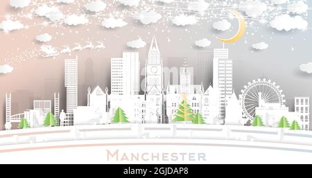 Manchester City Skyline in Paper Cut Style mit Schneeflocken, Mond und Neon Garland. Vektorgrafik. Weihnachts- und Neujahrskonzept. Stock Vektor