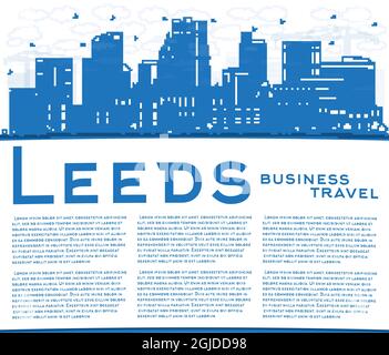 Skizzieren Sie die Skyline von Leeds UK mit blauen Gebäuden und Kopierflächen. Vektorgrafik. Leeds Yorkshire Stadtbild mit Wahrzeichen. Stock Vektor