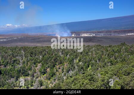 USA, Hawaii, Big Island of Hawaii. Hawaii Volcanoes National Park, Blick über den Wald beim Kilauea Iki Krater in Richtung Eruption im Halemaumau Krater an Stockfoto