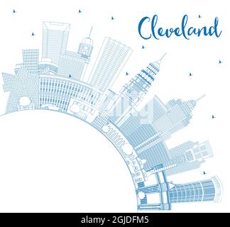 Umreißen Sie die Skyline von Cleveland Ohio City mit blauen Gebäuden und Kopierfläche. Vektorgrafik. Cleveland USA Stadtbild mit Wahrzeichen. Stock Vektor