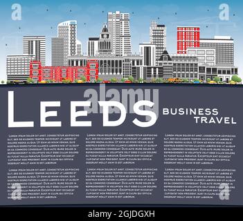 Leeds UK City Skyline mit farbigen Gebäuden, blauem Himmel und Kopierraum. Vektorgrafik. Leeds Yorkshire Stadtbild mit Wahrzeichen. Stock Vektor