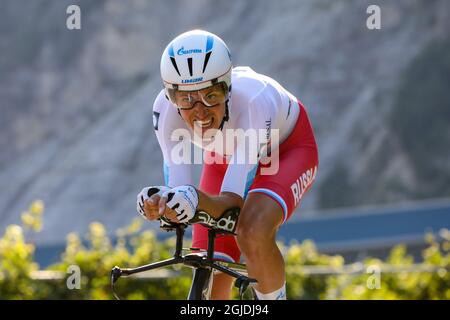 Trient, Italien. September 2021. Artem NYCH (RUS) während der UEC Road European Championships - Elite Men Individual Time Trial, Street Cycling in Trento, Italien, September 09 2021 Credit: Independent Photo Agency/Alamy Live News Stockfoto