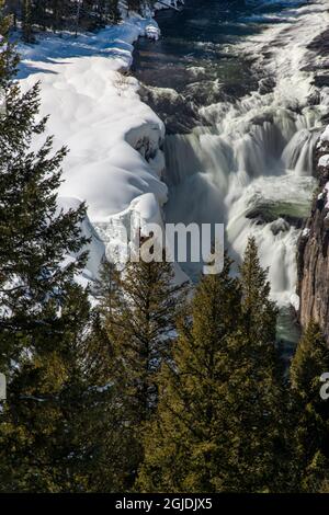 Senken Sie die Mesa Falls im Winter, in der Nähe von Ashton, Idaho Stockfoto