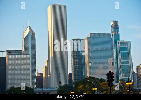 USA, Illinois. Chicago, Skyline mit Aon Center, Blue Cross Blue Shield und Prudential Building Stockfoto