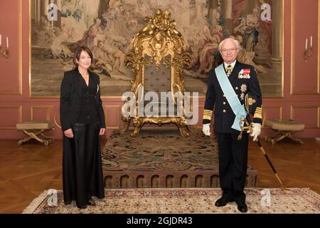 STOCKHOLM 20201109 Cristina Latorre Sancho, Spaniens neue Botschafterin in Schweden, bei einer Audienz mit König Carl XVI Gustaf im Königlichen Palast in Stockholm. Foto: Sanna Argus TirÃ©n/The Royal Cour of Sweden / Handout / kod 10501 ****PFLICHTANGABE: Foto: Sanna Argus TirÃ©n/The Royal Court of Sweden ** ** ** nur für redaktionelle Verwendung. Das Bild stammt aus einer externen Quelle und wird in seiner ursprünglichen Form als Service an unsere Abonnenten verteilt ** Stockfoto