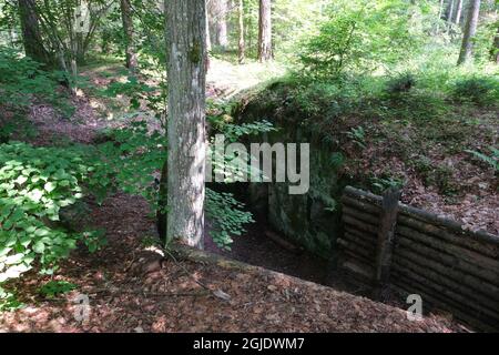 Polom, Polen - 16. Juli 2021: Ein gut erhaltener deutscher Festungsweg im Szczytno-Wald. Strategische Verteidigungslinie. Bunker, Kasematte Stockfoto