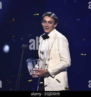 Der schwedisch-amerikanische Stabhochspringer Armand Duplantis gewinnt den Jerring Award beim Swedish Sports Award (Svenska idrottsgalan) in Stockholm, Schweden, am 18. Januar 2021. Foto: Claudio Bresciani/TT Code 10090 Stockfoto