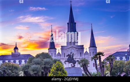 Andrew Jackson Statue, Saint Louis Cathedral, Cabildo State Museum, New Orleans, Louisiana. Statue errichtet 1856 Stockfoto