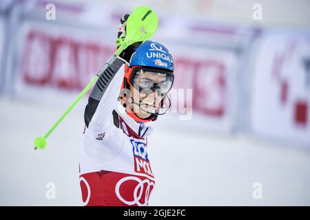 Petra Vlhova aus der Slowakei reagiert nach einem Durchfahren der Ziellinie beim zweiten Lauf des Damen-Slalom-Rennens des FIS Ski Alpine World Cup in Are, Schweden, am 12. März 2021. Foto: Pontus Lundahl / TT / kod 10050 Stockfoto