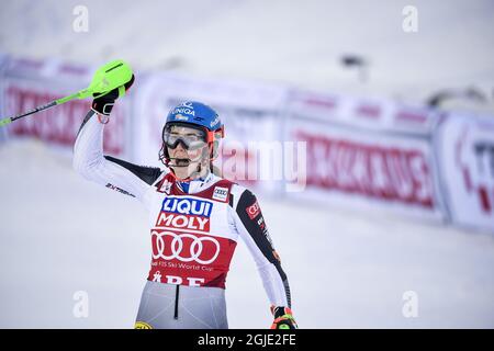 Petra Vlhova aus der Slowakei reagiert nach einem Durchfahren der Ziellinie beim zweiten Lauf des Damen-Slalom-Rennens des FIS Ski Alpine World Cup in Are, Schweden, am 12. März 2021. Foto: Pontus Lundahl / TT / kod 10050 Stockfoto