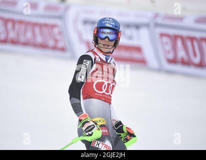 Petra Vlhova aus der Slowakei reagiert nach dem Überqueren der Ziellinie nach dem zweiten Lauf des Damen-Slalom-Rennens des FIS Ski Alpine World Cup in Are, Schweden, am 13. März 2021. Foto: Pontus Lundahl / TT / kod 10050 *SCHWEDEN AUS* Stockfoto