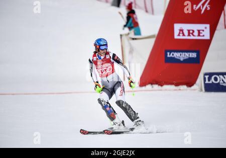 Petra Vlhova aus der Slowakei reagiert nach dem Überqueren der Ziellinie nach dem zweiten Lauf des Damen-Slalom-Rennens des FIS Ski Alpine World Cup in Are, Schweden, am 13. März 2021. Foto: Pontus Lundahl / TT / kod 10050 *SCHWEDEN AUS* Stockfoto