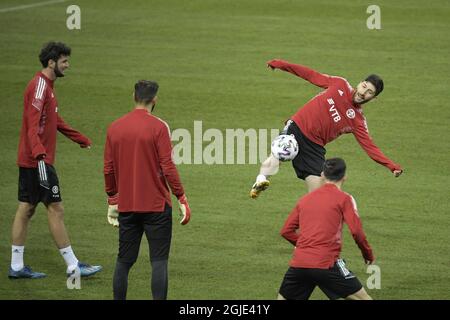 STOCKHOLM 20210324 Georgiens Nationalmannschaft trainiert vor dem WM-Qualifikationsspiel zwischen Schweden und Georgien am Donnerstag. Foto Janerik Henriksson / TT kod 10010 Stockfoto