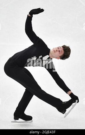 STOCKHOLM 20210325 Lukas Britschgi aus der Schweiz während des Männer-Kurzprogramms bei den ISU-Eiskunstlauf-Weltmeisterschaften in Schweden am donnerstag. Foto Jessica Gow / TT kod 10070 Stockfoto