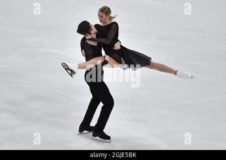 Alexandra Stepanova und Ivan Bukin von der FSR treten während des Ice Dance, Free Dance bei den ISU Eiskunstlauf-Weltmeisterschaften in Stockholm, Schweden, am 27. März 2021 auf. Foto Jessica Gow / TT kod 10070 Stockfoto