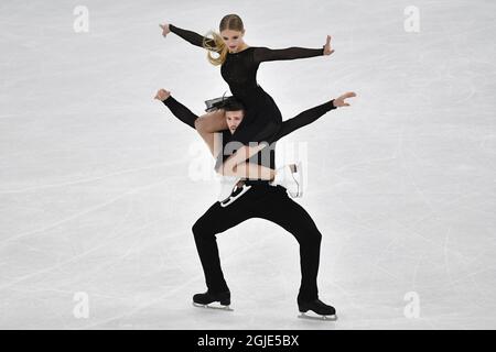 Alexandra Stepanova und Ivan Bukin von der FSR treten während des Ice Dance, Free Dance bei den ISU Eiskunstlauf-Weltmeisterschaften in Stockholm, Schweden, am 27. März 2021 auf. Foto Jessica Gow / TT kod 10070 Stockfoto