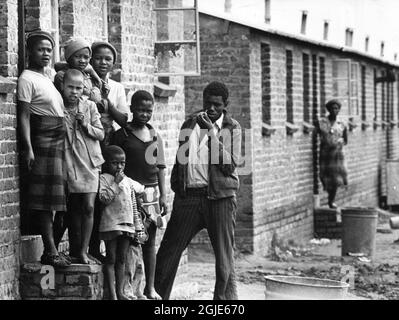 Soweto besteht aus Einfamilienhäusern, niedrigen Ziegelkisten mit zwei oder vier Zimmern, in denen zwei oder mehr Familien leben, oft fünfzehn bis zwanzig Personen. 1.5 Millionen Menschen leben hier, die offizielle Zahl ist 750,000. Die Arbeitslosigkeit beträgt mindestens 30 Prozent, und Kriminalität ist ein großes Problem. Soweto Township außerhalb von Johannesburg, Südafrika, 24. Oktober 1977. Foto: Sven-Erik Sjoberg / DN / TT / Code 53 Stockfoto